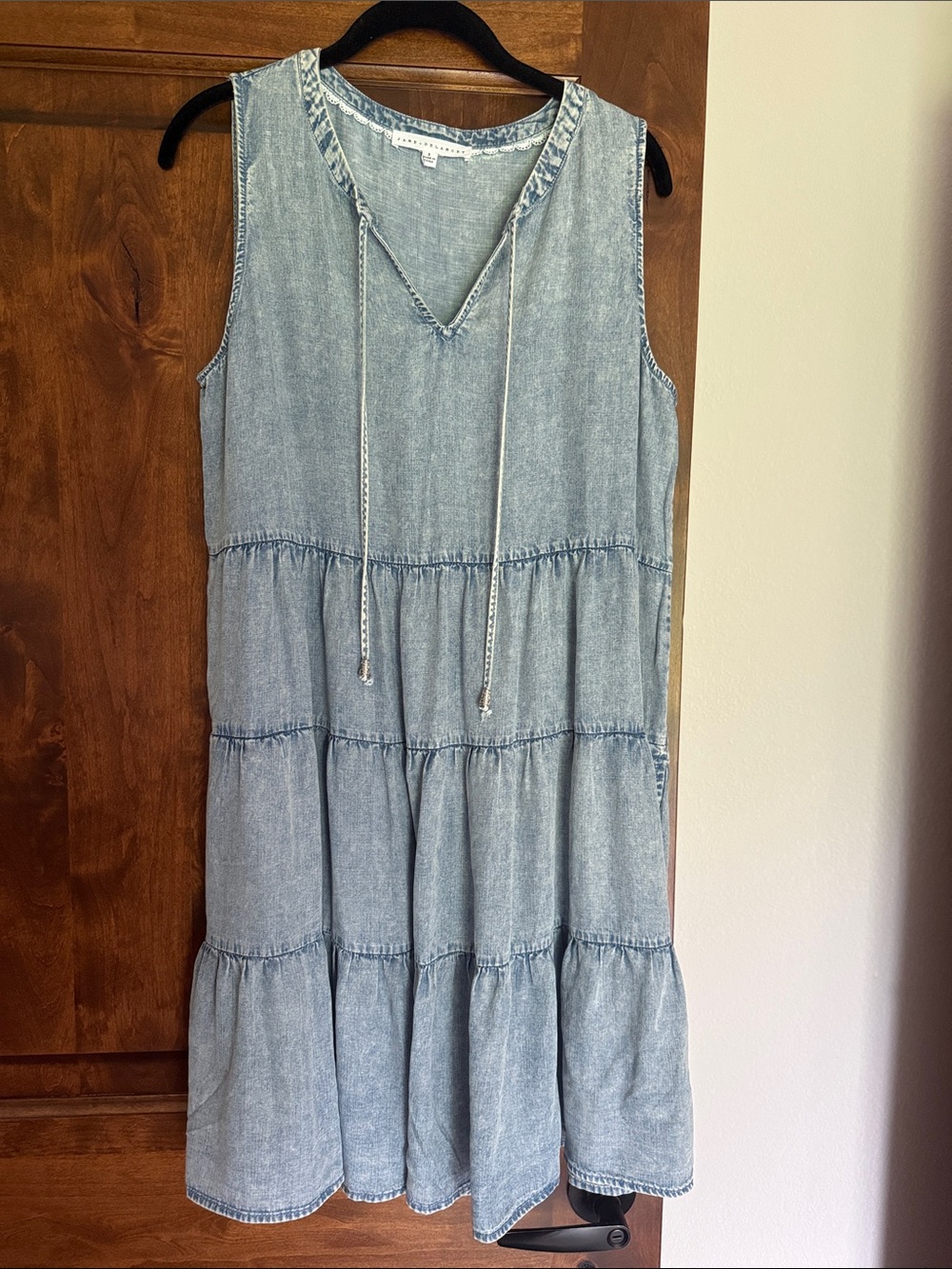 Light Blue Tiered Denim Women’s Dress with Drawstring